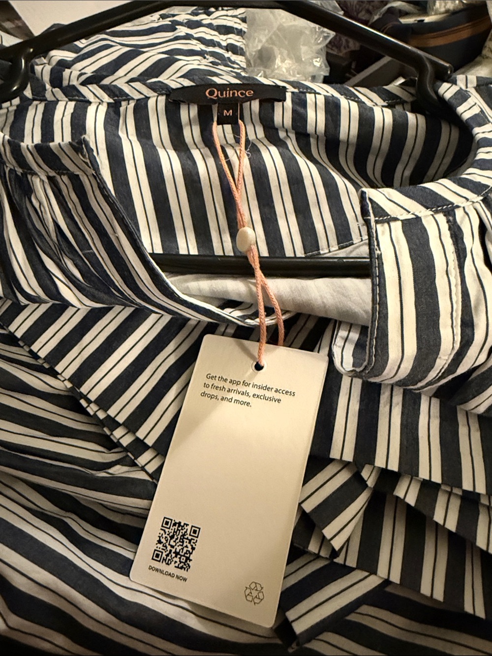 Quince Navy & White Vertical-Stripe Maxi Shirt Dress. 100% cotton and lined.
